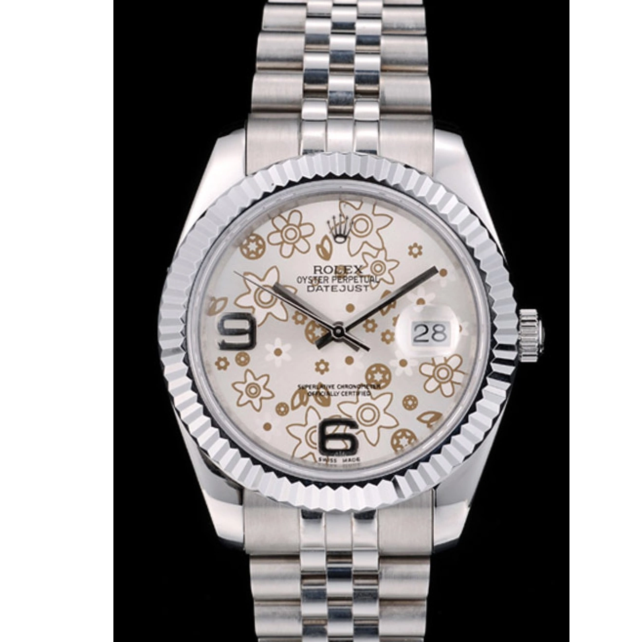 MiroTime 0718 Rolex Swiss DateJust Stainless Steel Ribbed Bezel Flower Silver Dial 42001